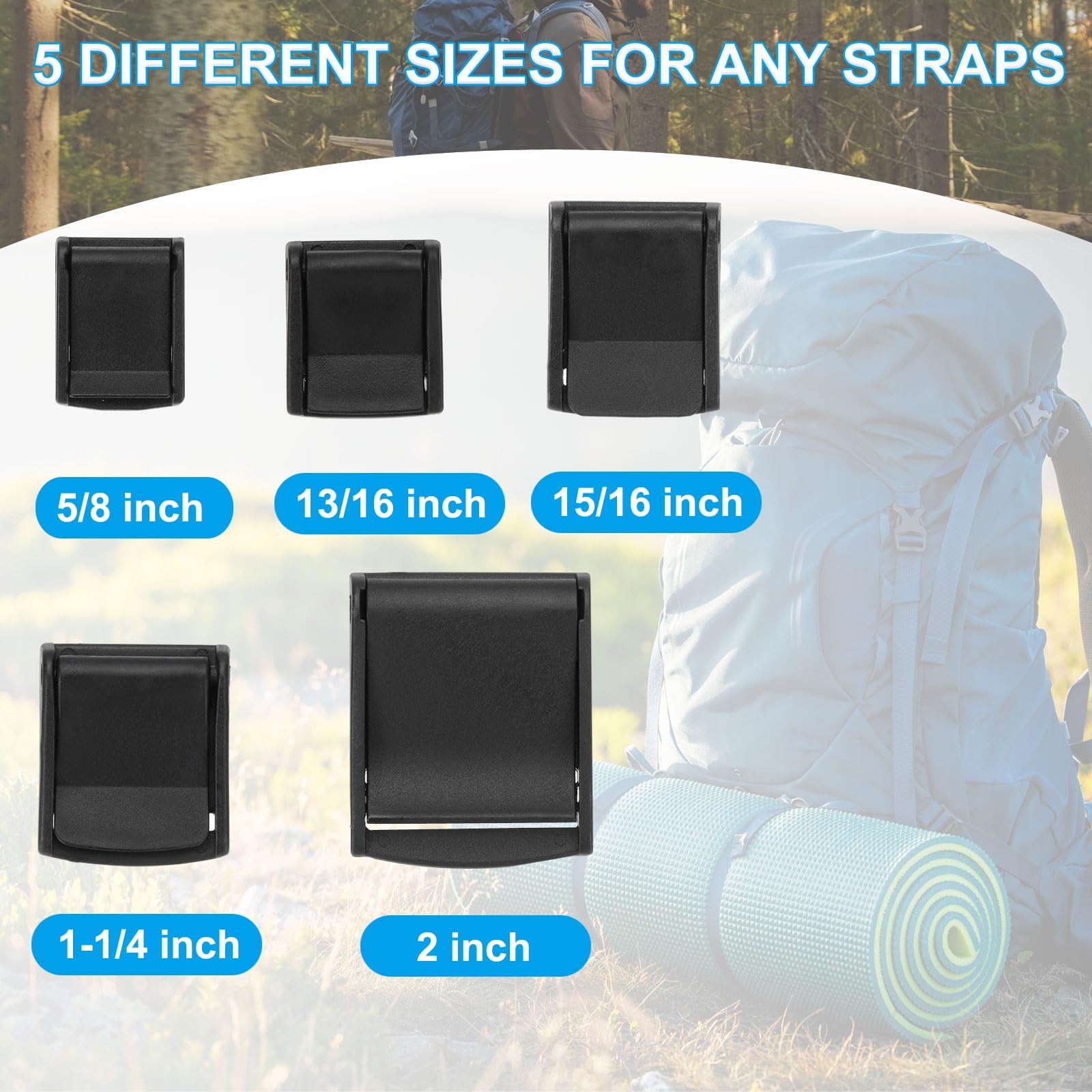 Webbing Black Cam Buckle 5/8 inch, 5 Pack Plastic Adjustable Toggle Clip for ...