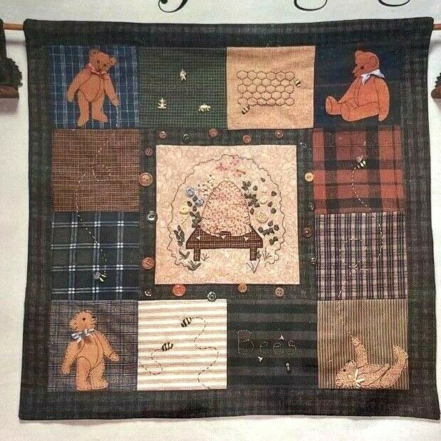 Bears N Bees Silk Ribbon Appliqued Wall Hanging 24" x 24" Gooseberry Hill #227