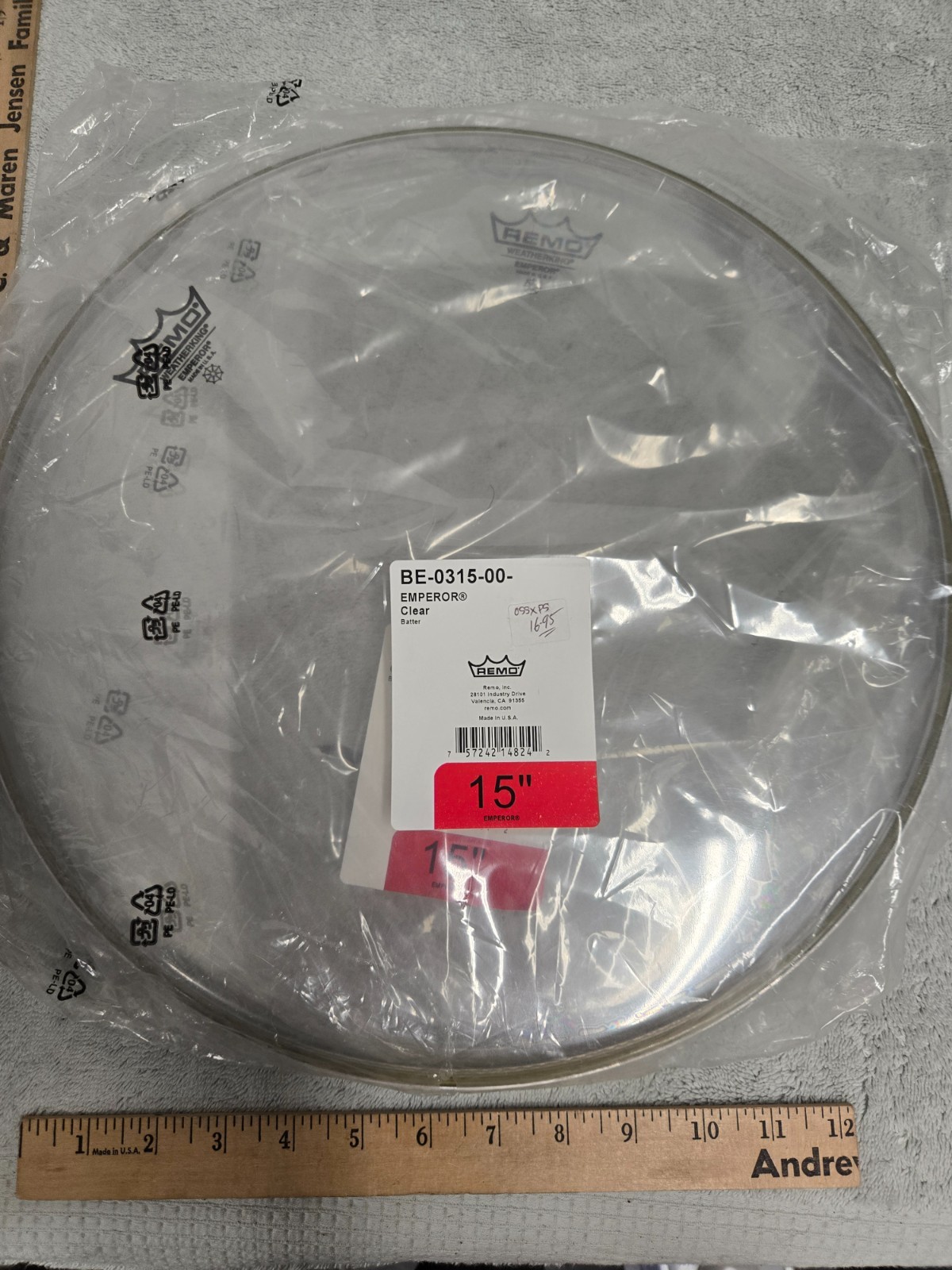 lot of 2, Remo, emperor clear batter, 15 inch drum head