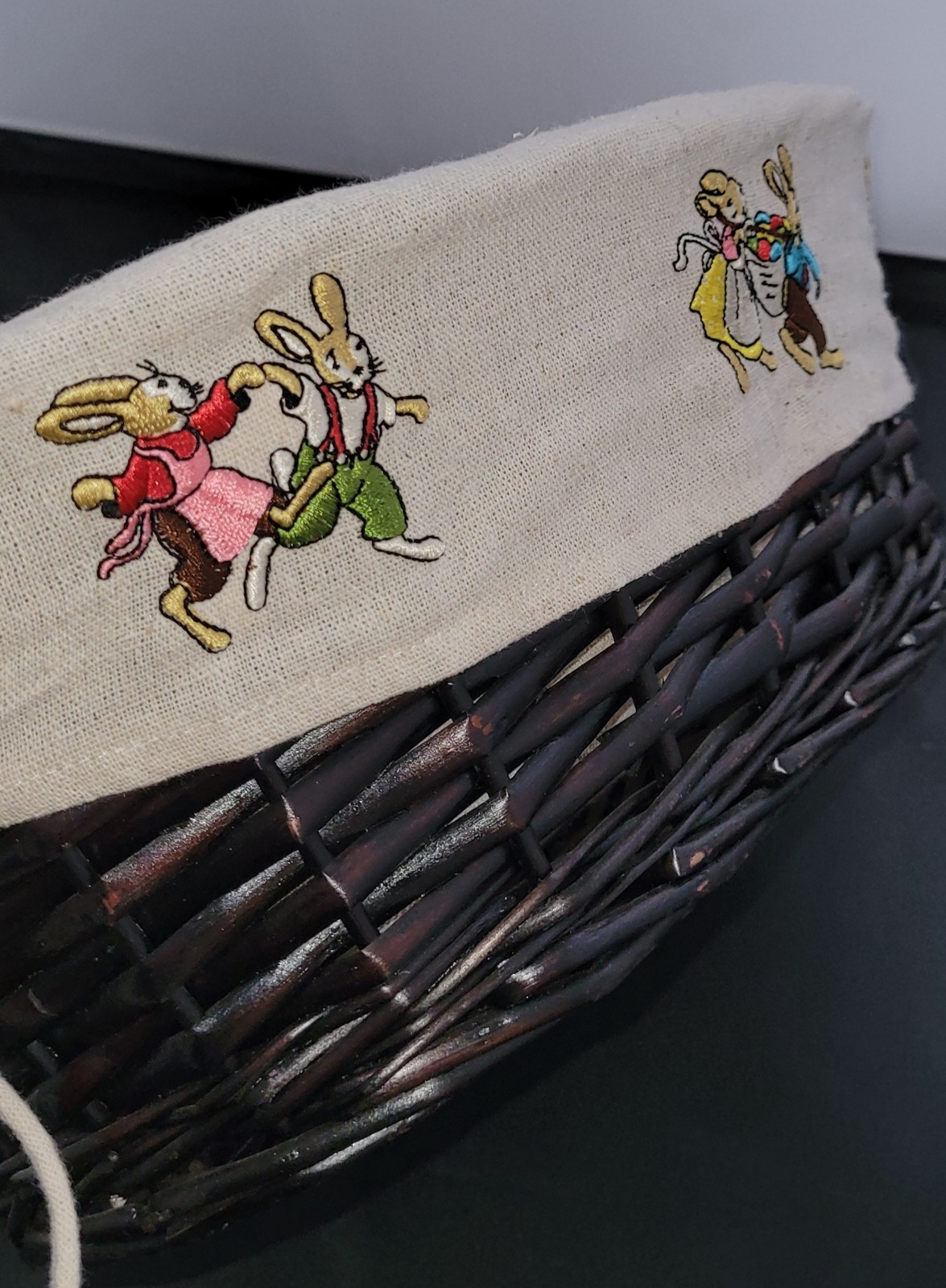 Lined Woven Easter Basket With Bunny Floral Embroidery