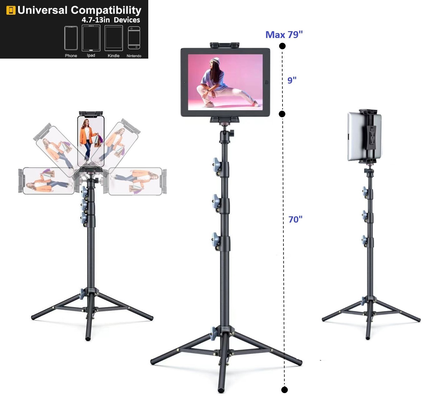 LINCO 70" Adjustable Steel Metal Floor Tablet Tripod Stand for iPad iPhone