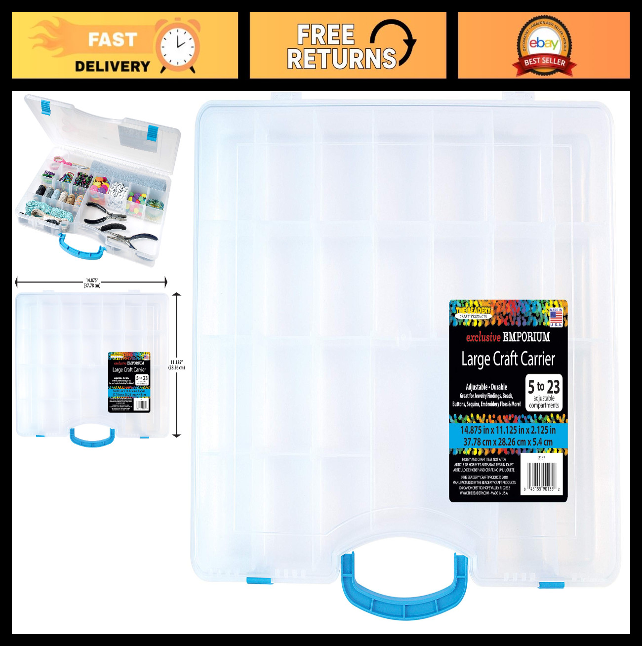 Large Clear Craft Storage Container - Bead Organizer & Art Supply Carrier