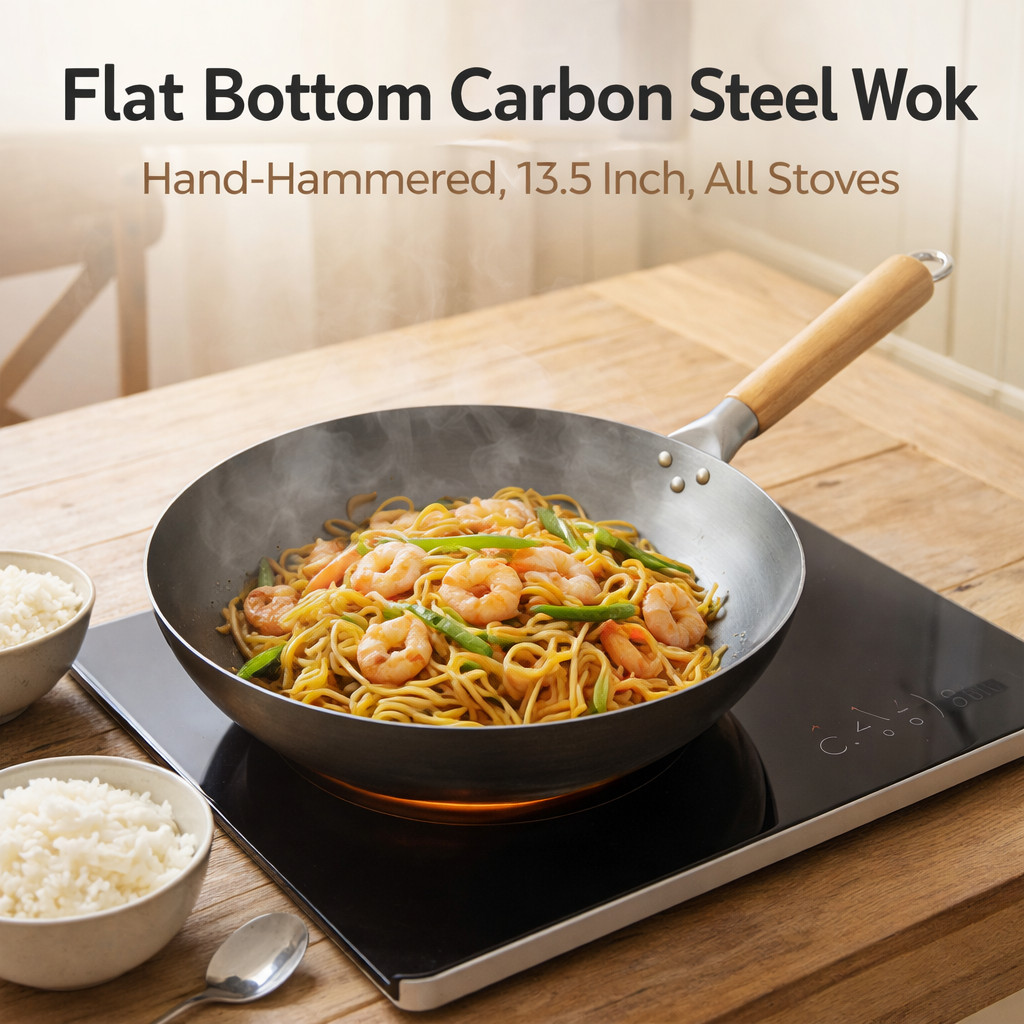 13.5" Carbon Steel Flat Bottom Wok Hand Hammered,Pre-Seasoned,Works on All Stove