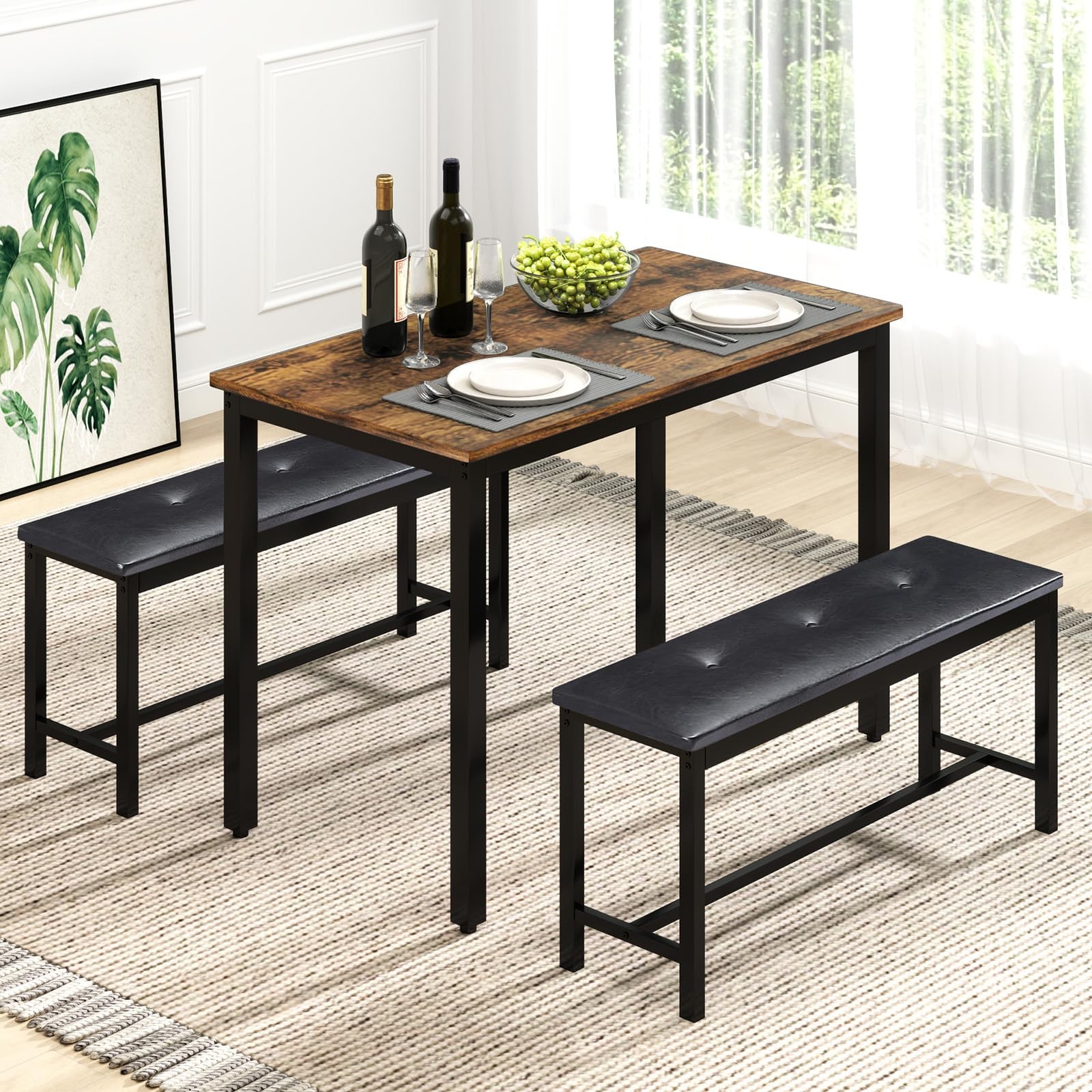 Dining Room Table Bench Set for 4, Modern Space Saving Kitchen Table with wit...