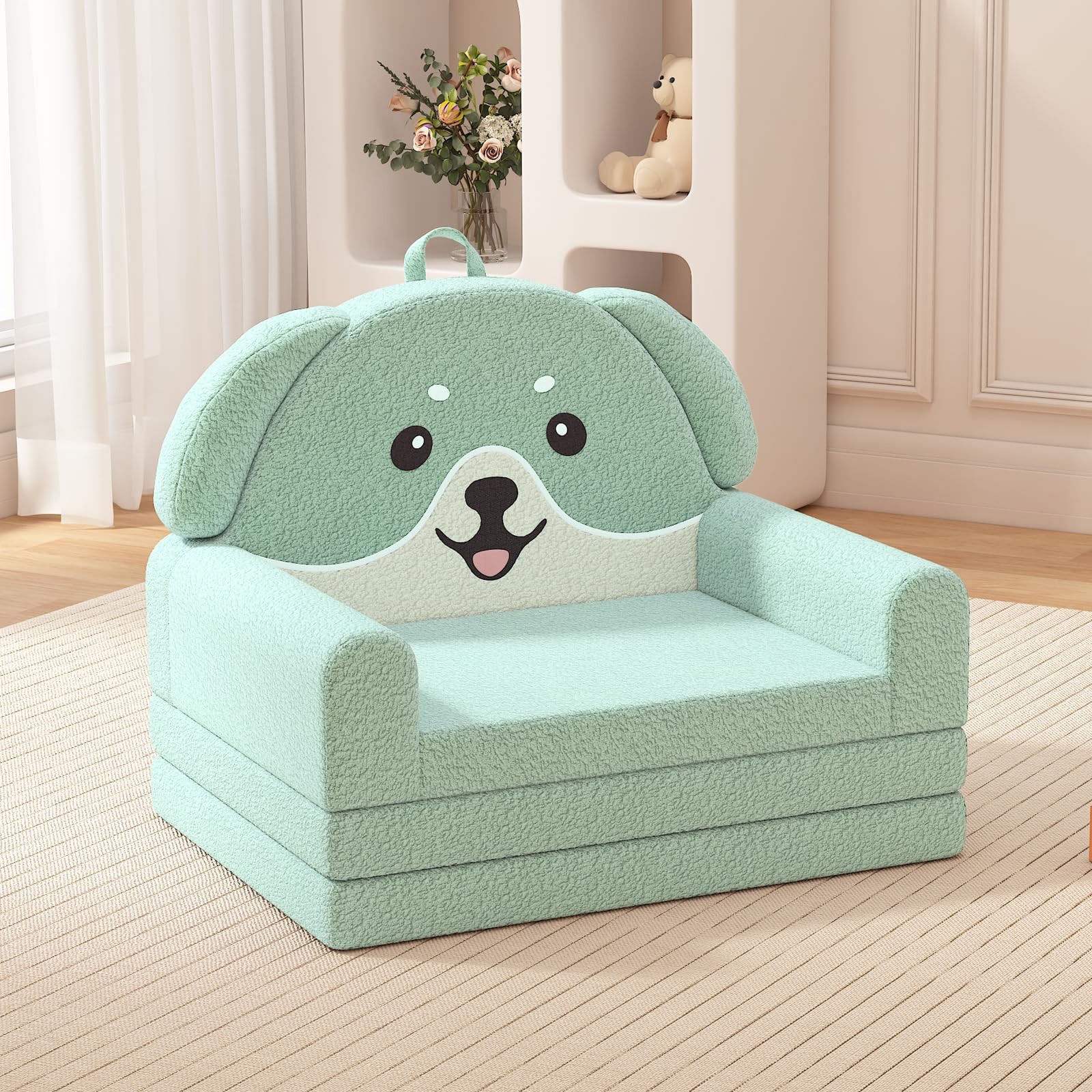 2-in-1 Kids Couch, Soft Toddler Couch Fold Out for Girl and Boys, Dog Design ...
