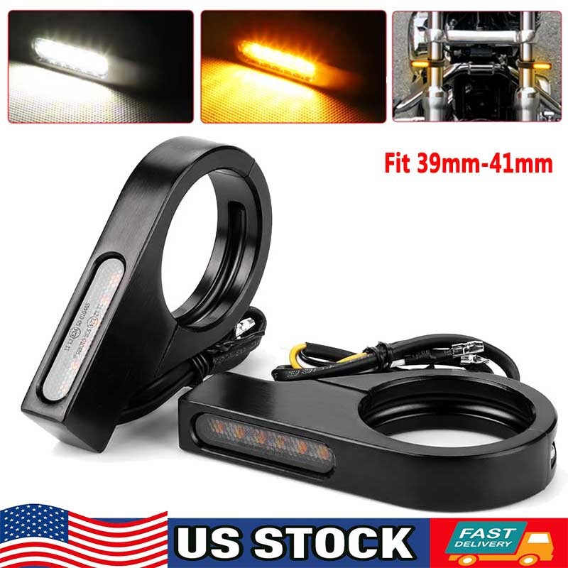 2x Motorcycle Fork Tubes Clamp LED Turn Signal Blinkers Light 41mm Amber White