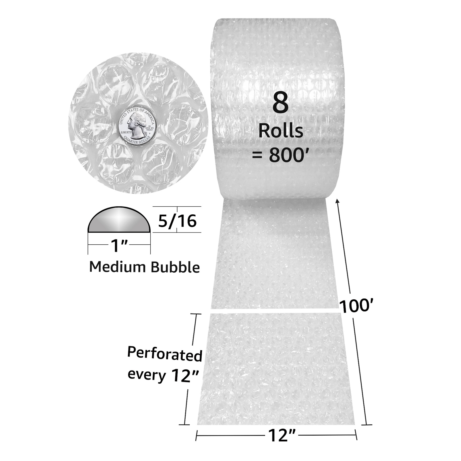 UOFFICE Medium Bubble 800 ft x 12" wide - Medium Bubbles 5/16" Wrap Packaging