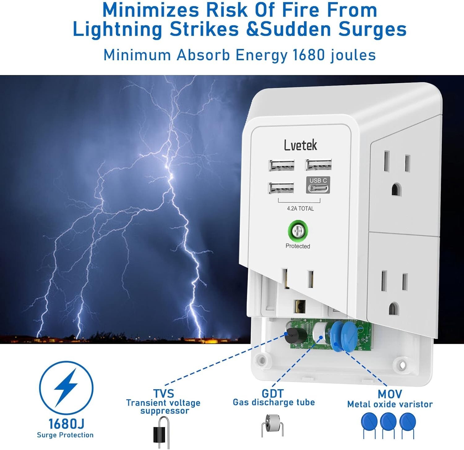 USB Wall Charger, LVETEK Surge Protector 5 Outlet Extender with 4 USB Ports 3 Si