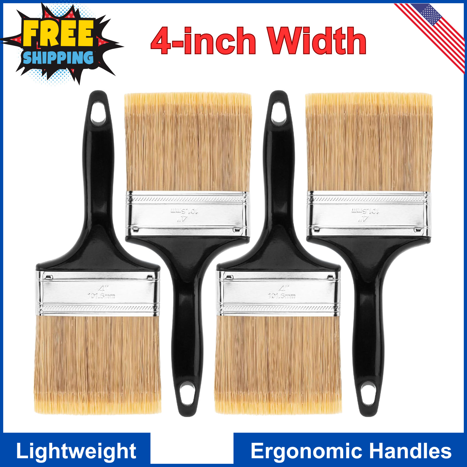 Bates- Paint Brushes, 4-Inch, 4 Pack, Flat Brushes for Walls, Furniture and Wood