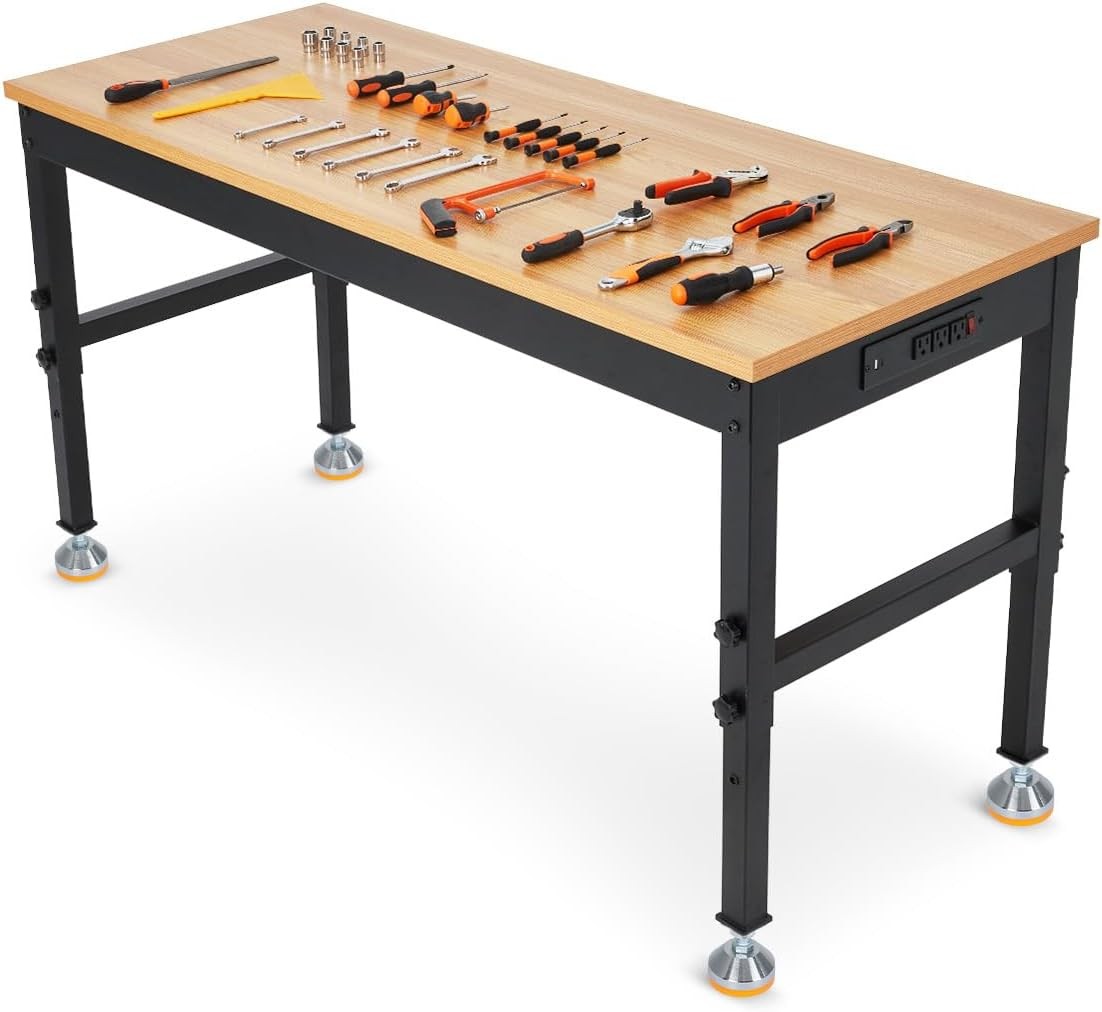 48 in Workbench Rubberwood Tabletop with Power Outlets 2500LB Adjustable Height