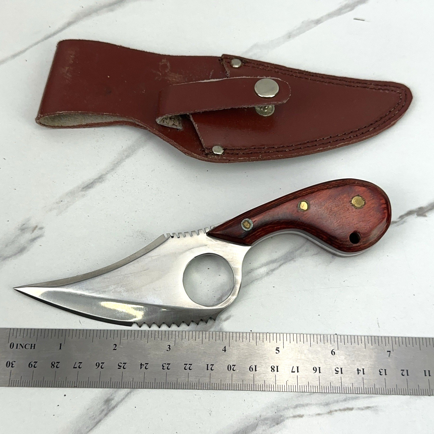 CAT SKINNER Red Wood Full Tang Finger Hole Hunting Skinning Knife PAKISTAN