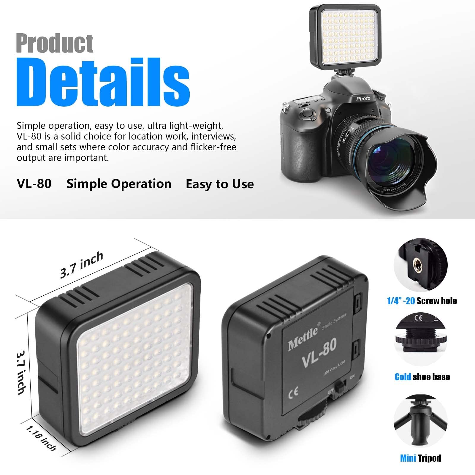 VL80 LED Video Light Kit Portable Continuous on Camera Photography Lighting U...