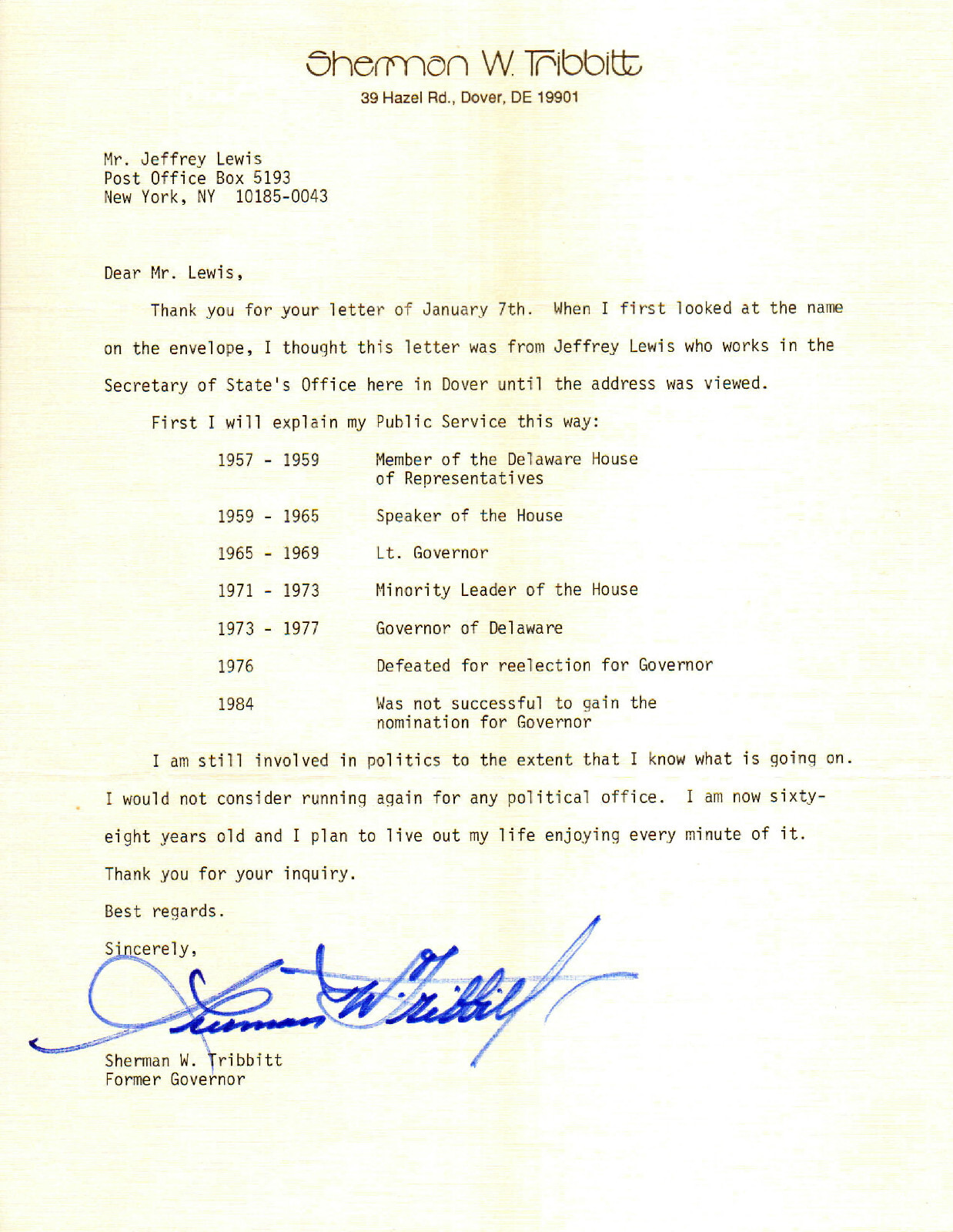 SHERMAN TRIBBETT (+2010) - Governor of Delaware (73-77) - Autograph Letter