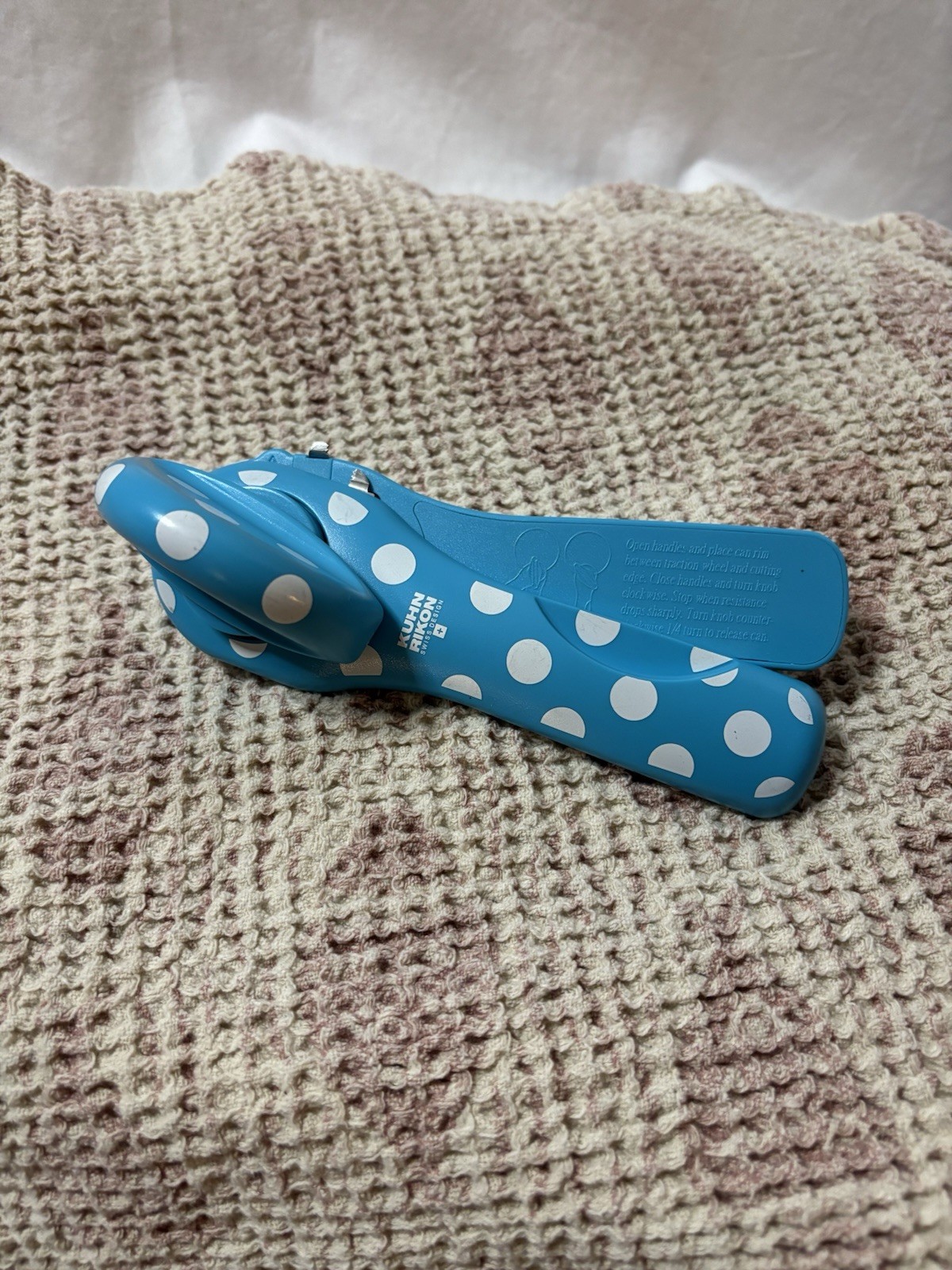 Kuhn Rikon Safety LidLifter Can Opener Teal Blue Polka Dot Swiss Design Works