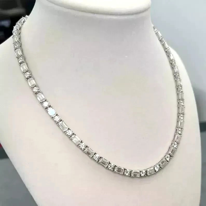 19Ct Emerald Cut Lab Created 14k White Gold Finish Diamond Tennis Necklace