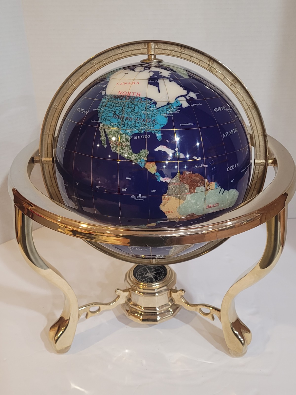 Alexander Kalifano 9" Gemstone Globe Brass Compass Stand 14" Decor Collectible