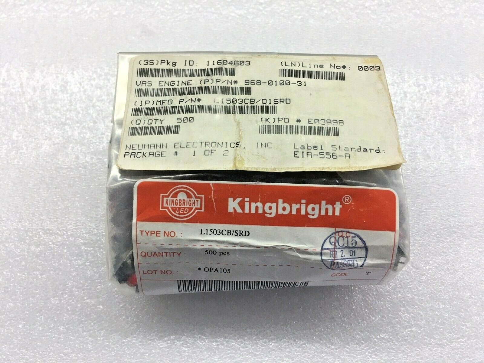 (102 PIECE LOT) L1503CB/SRD, LED, Super Bright Red, Diffused Red, T-1 3/4, 5mm