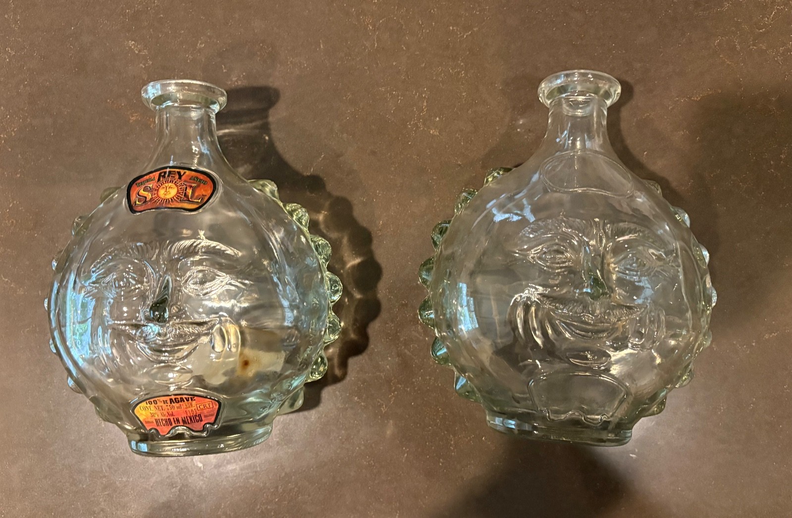 Two Rey Sol Tequila Glass Bottles