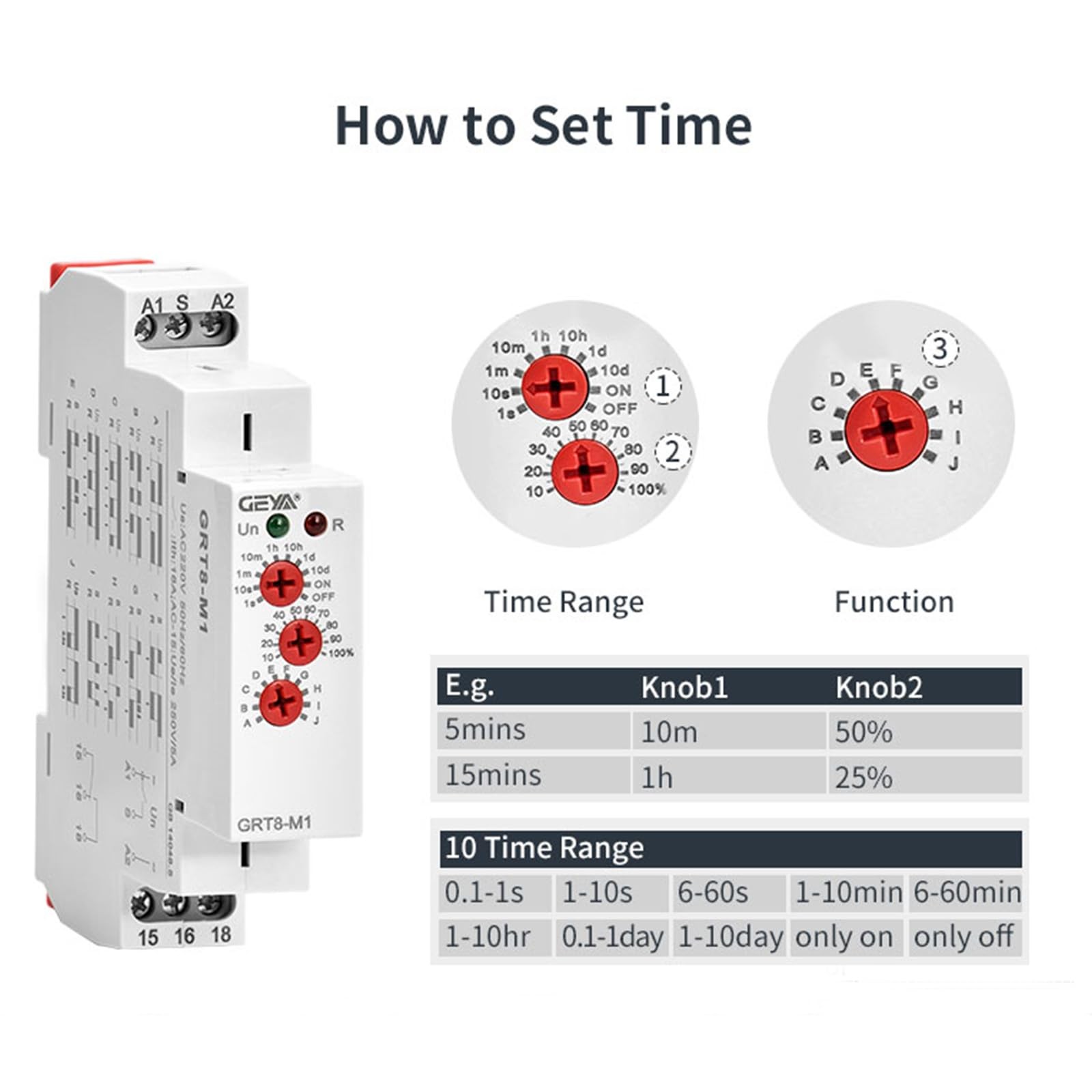 GEYA 16A Multifunction Time Relay 1 Output Contacts 10 AC230V, Grt8-m1
