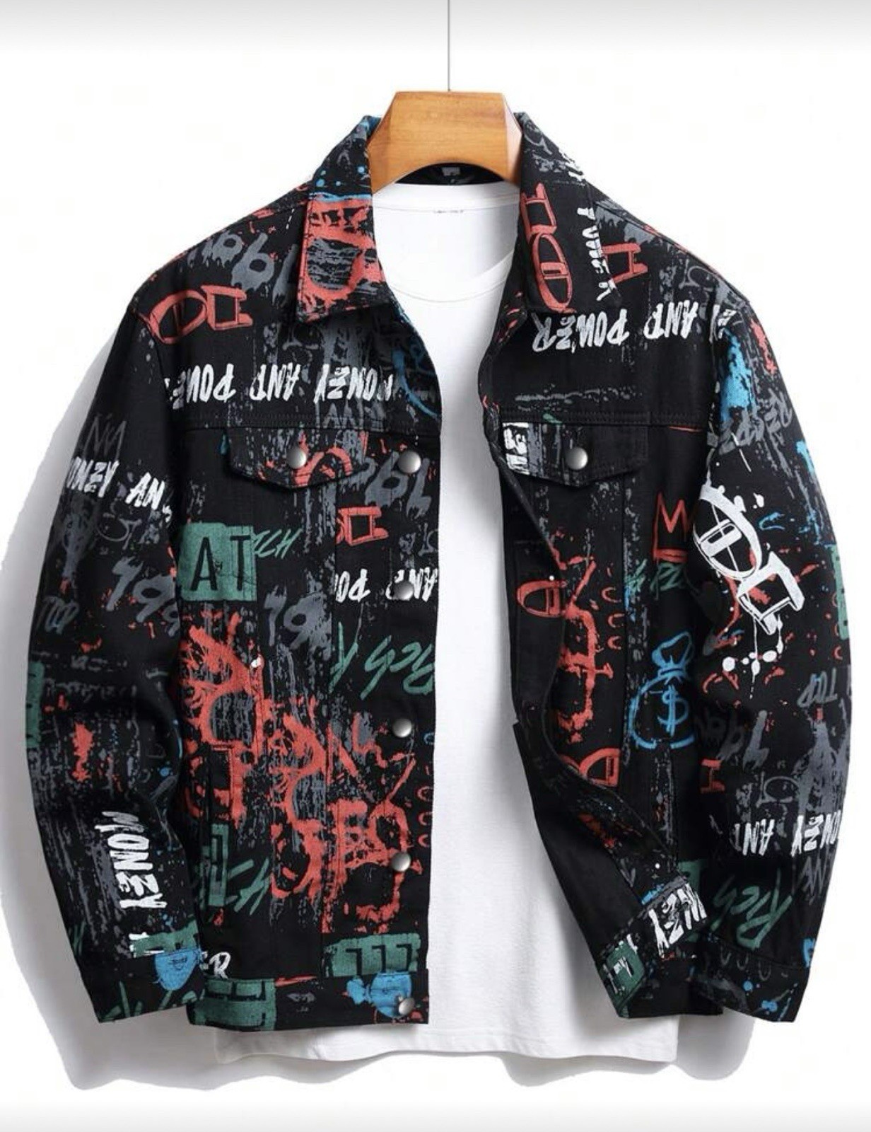 Men Graffiti Denim Jacket Letter Print Loose Fit Streetwear Black