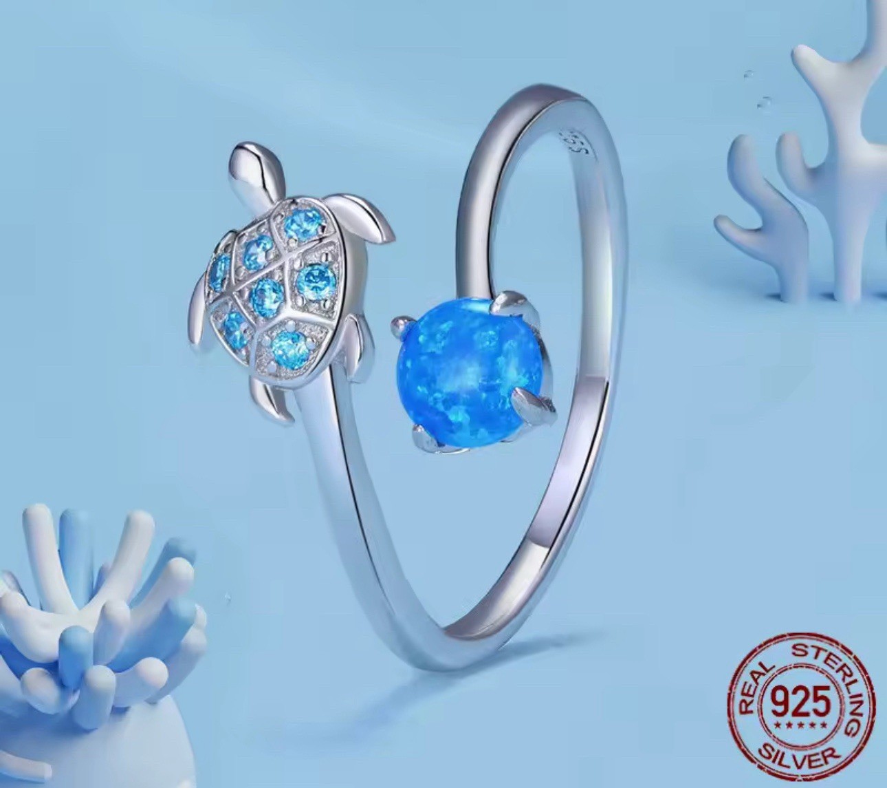 Opal Sea Turtle Ring Adjustable One Size Sealife Genuine 925 Sterling Silver 💖