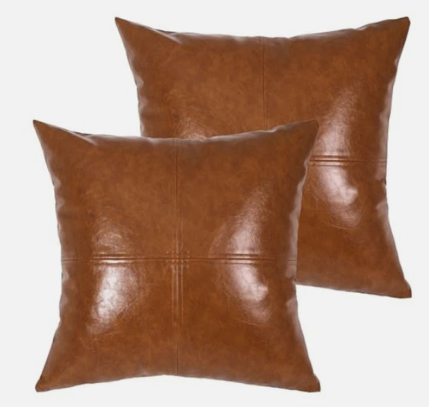 Faux Leather Throw Pillow Covers - Western Farmhouse Brown 18" x 18" - Set of 2