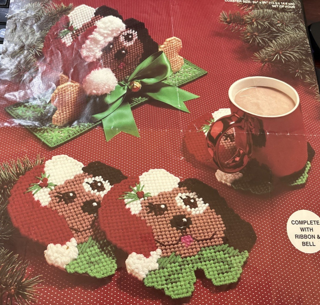 Vtg Rare Janlynn CHRISTMAS PUPPY COASTERS & CADDY Needlepoint 1994 Pattern