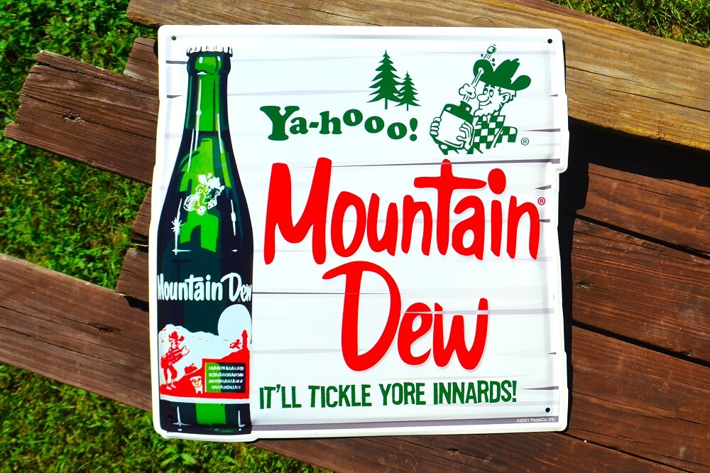 Mountain Dew Embossed Tin Sign - Hillbilly - Yahooo! - It'll Tickle Yore Innards