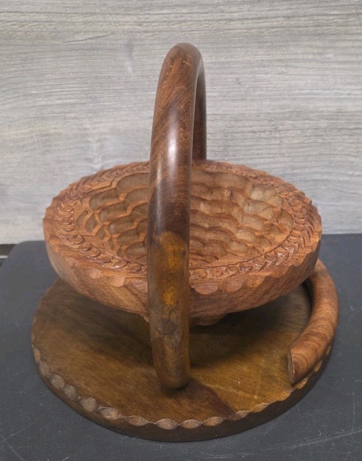 Collapsible Rosewood Folding Basket Bowl Trivet Hand Carved Tree StarGate D6