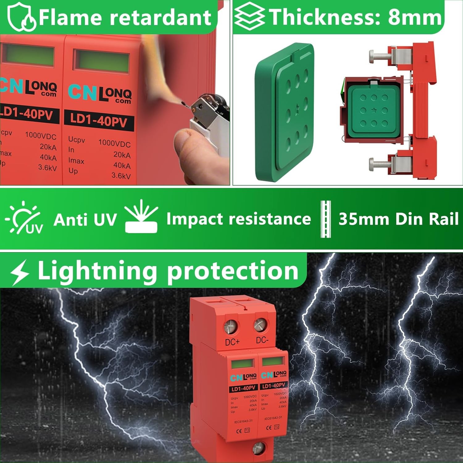 2P 40KA Voltage Surge Protector DC 1000V Solar PV Lightning Arrester Device for