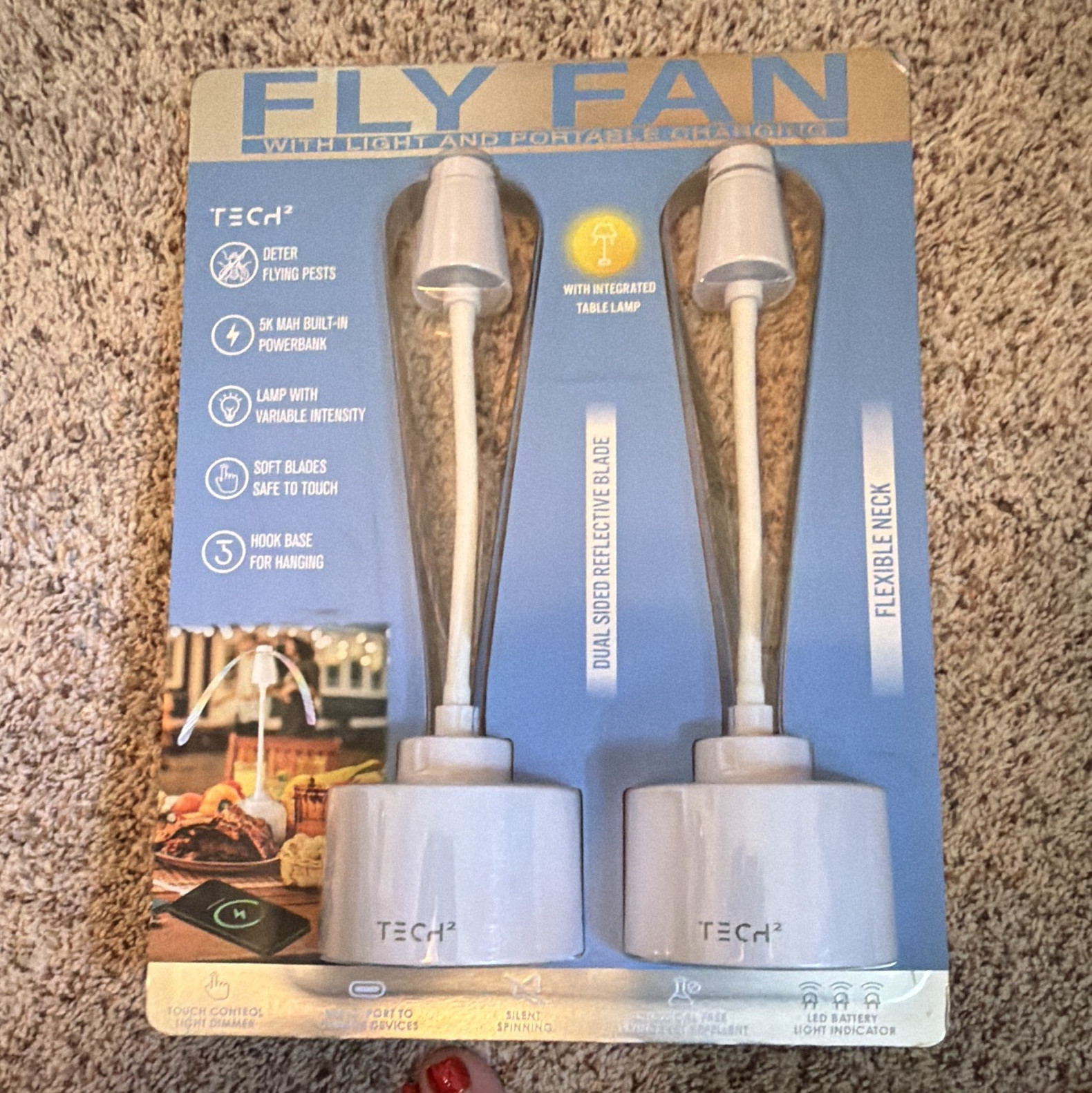 Tech2 Fly Fan 2 Pack White Rechargeable Outdoor Pest Repeller Table Lamp 5K Pr