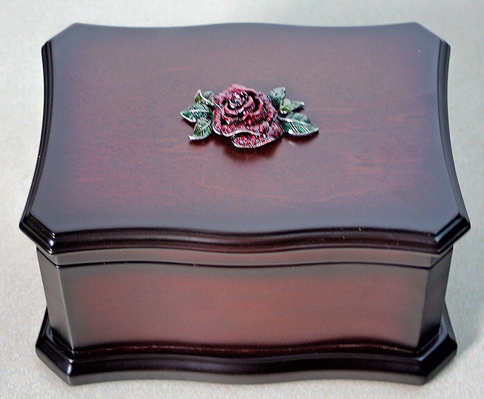 Wood Jewelry Box Adorned with Jeweled Rose