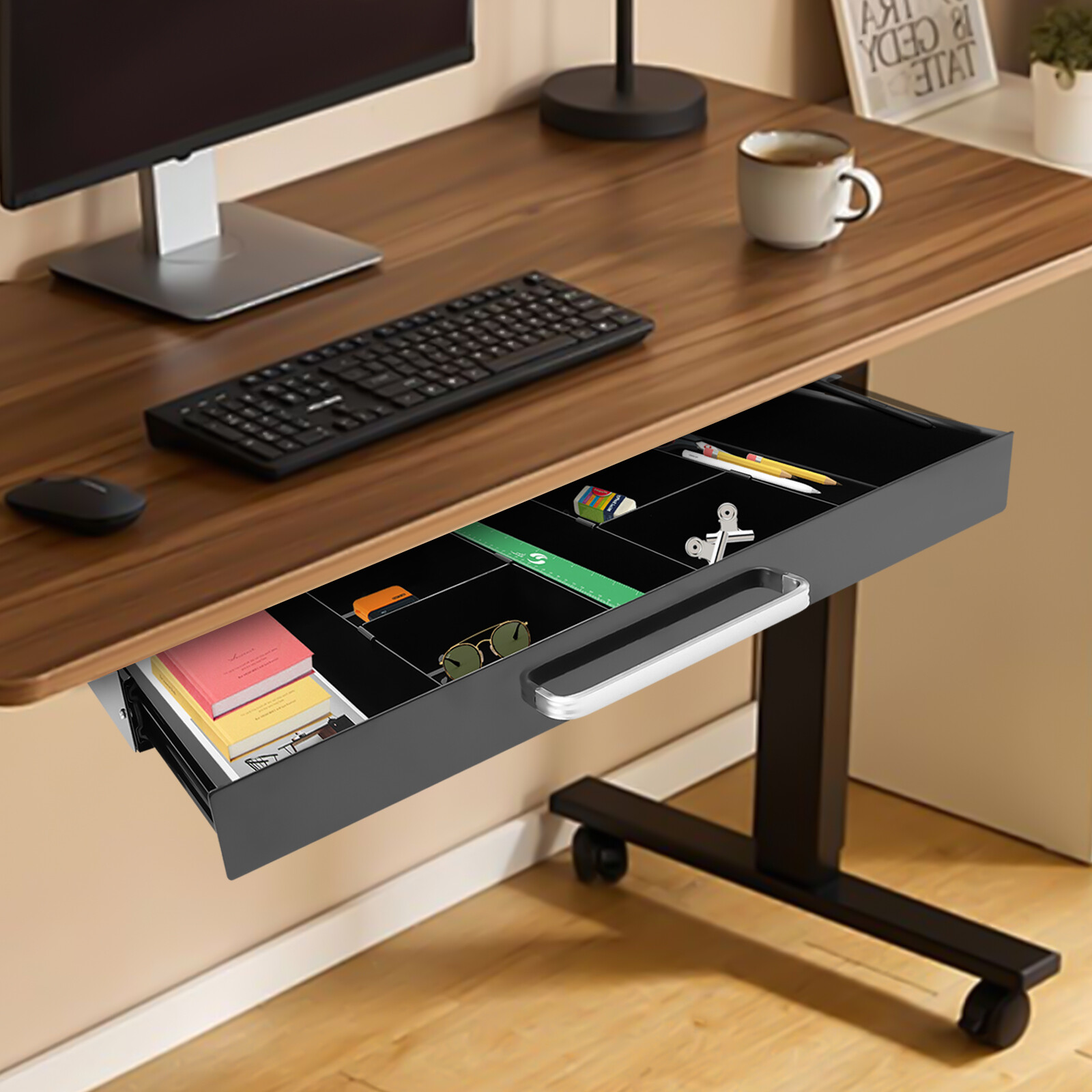 New 21.5" Black Under Desk Mounted Sliding Pull-out Drawer For Standing Desks