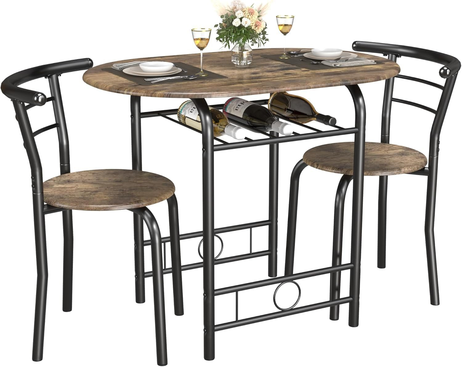 Stylish 3-Piece Wooden Table & Chair Set with Built-In Wine Rack - Walnut/Black