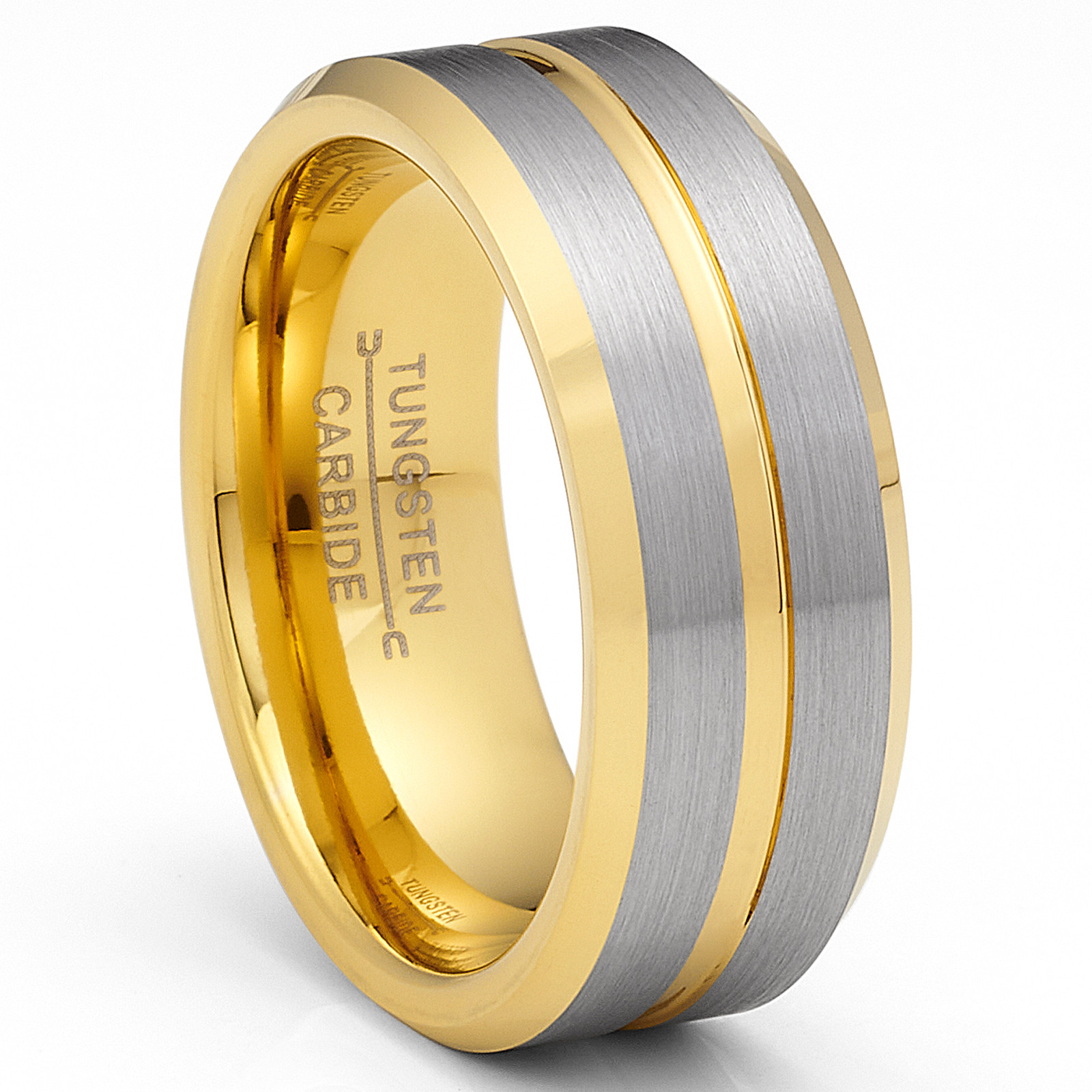 Gold Plated Flat-Top Tungsten Carbide Ring Mens Wedding Band Grooved Center 8MM