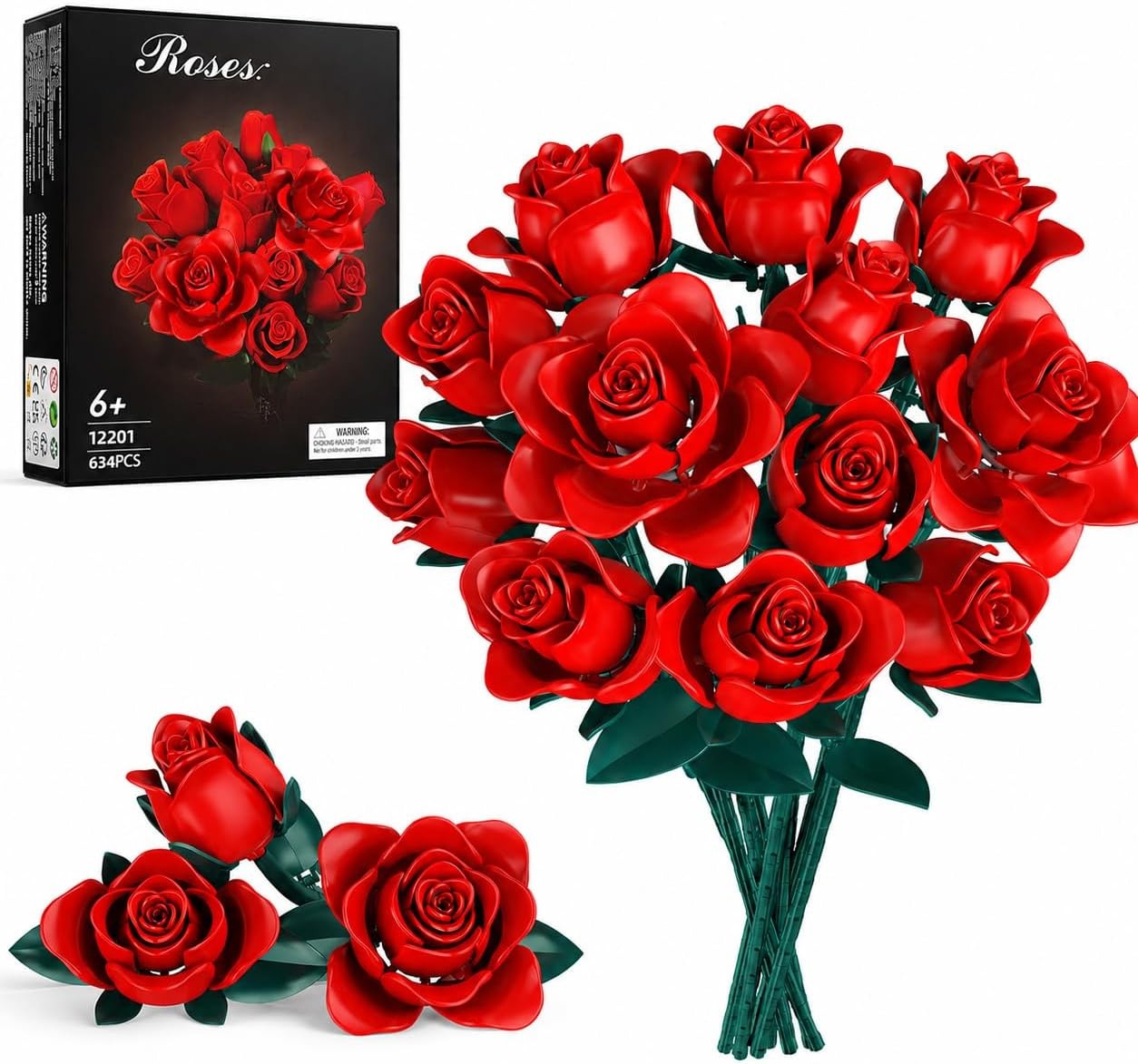 Rose Flower Bouquet Building Set for Kids Ages 6+, 634Pcs DIY Red Roses Bouqu...
