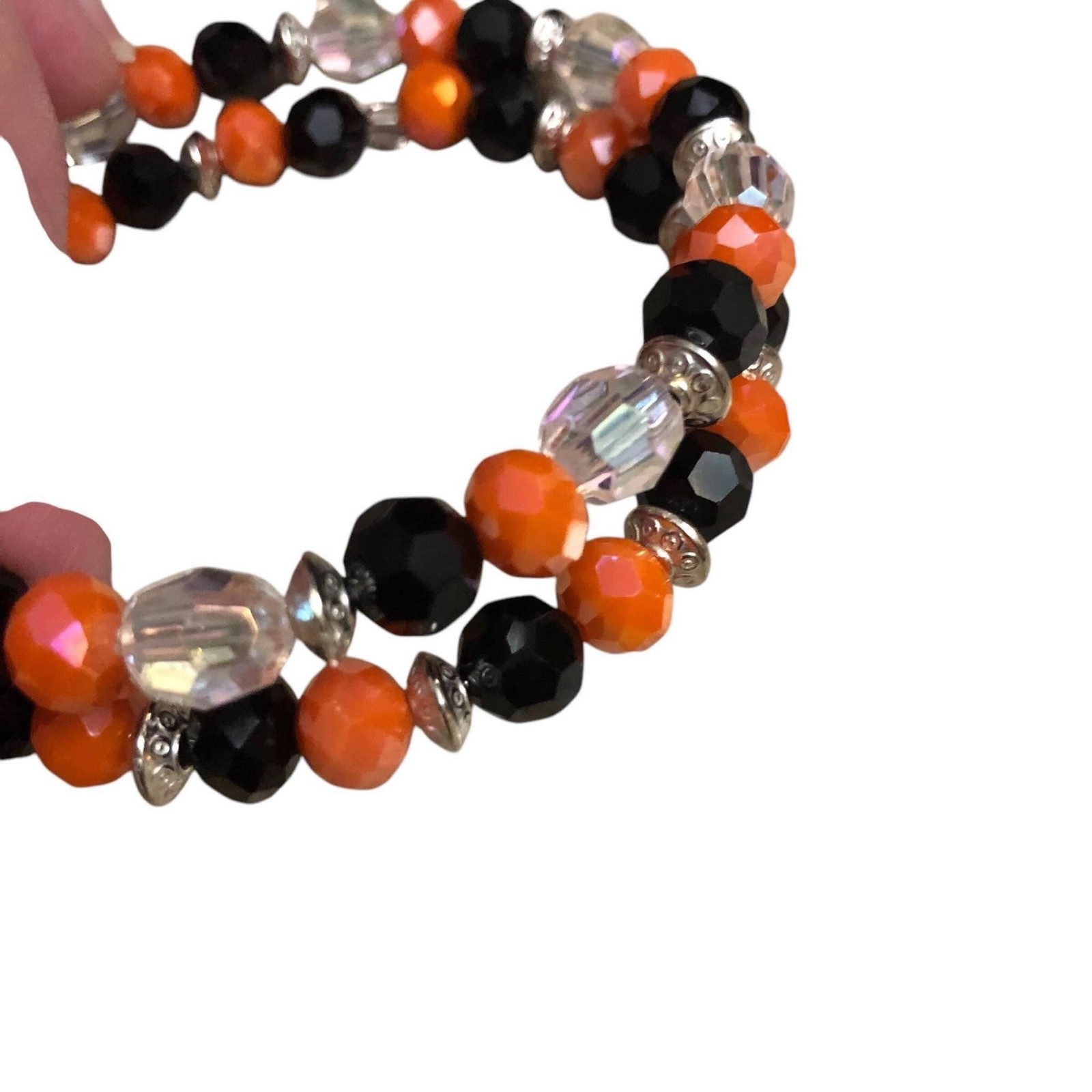 Beaded Bangle Bracelets Pair Handmade Black and Orange