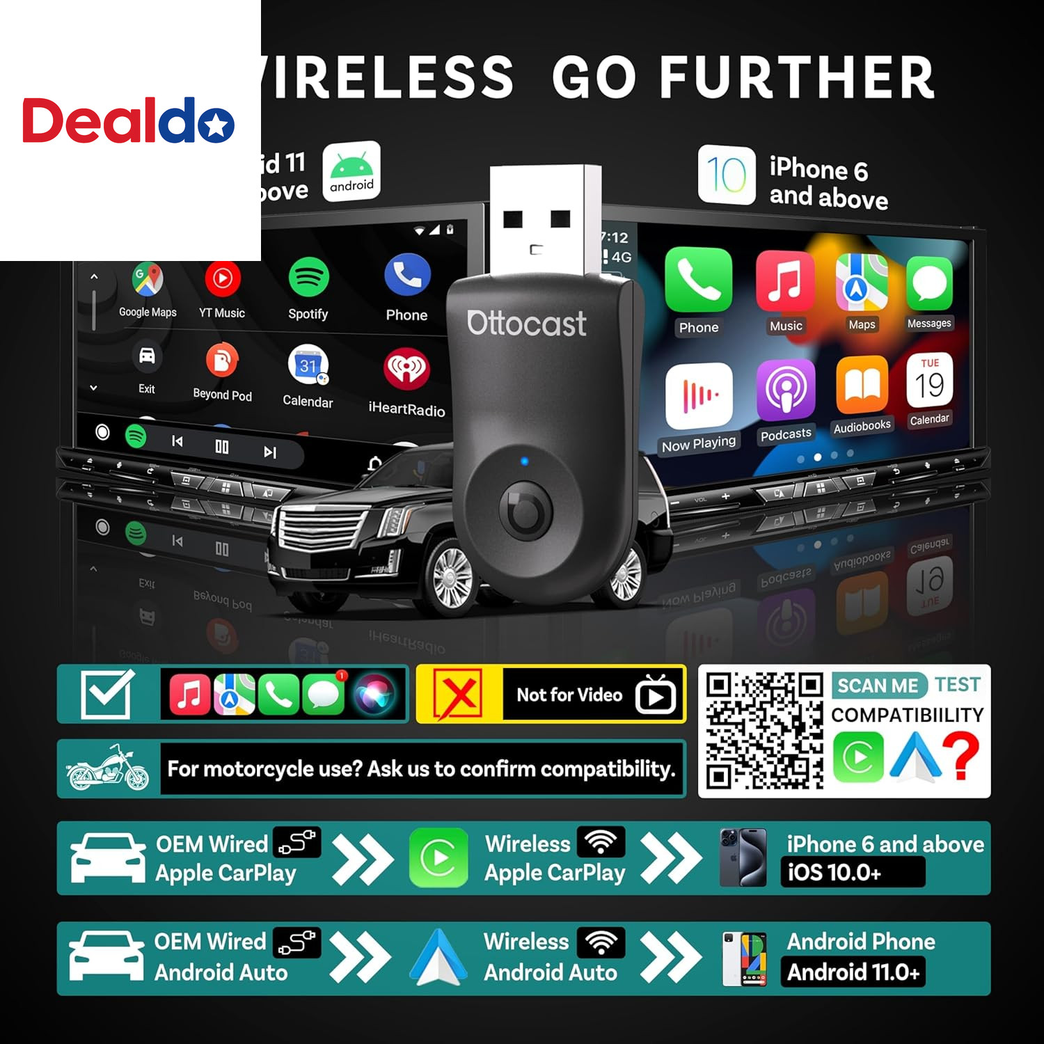 Mini Dongle Wireless Carplay Adapter for Iphone & Android Auto Adapter 2-In-1 Co