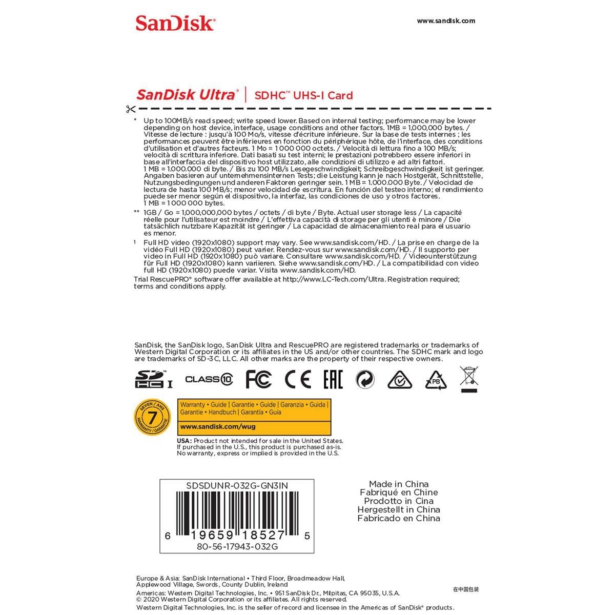 SanDisk 32GB Ultra 100MBs SDHC Memory Card 32GB, wave style : black-black-red