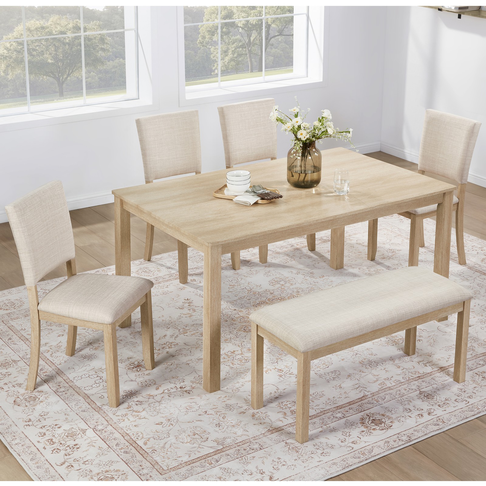 6Pcs Dining Table Set with Bench, Wooden Rectangular Kitchen Table Set Modern US