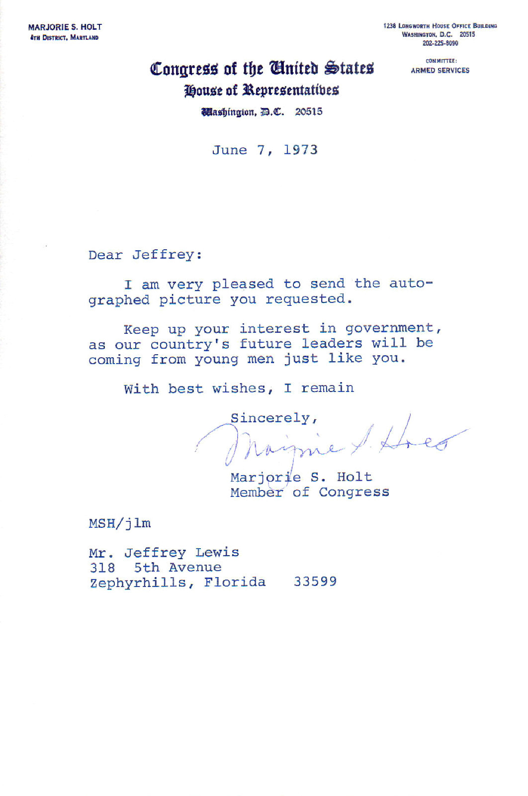 MARJORIE HOLT (+2018) - U.S. Representative (R-MD)(73-87) - Autograph Letter