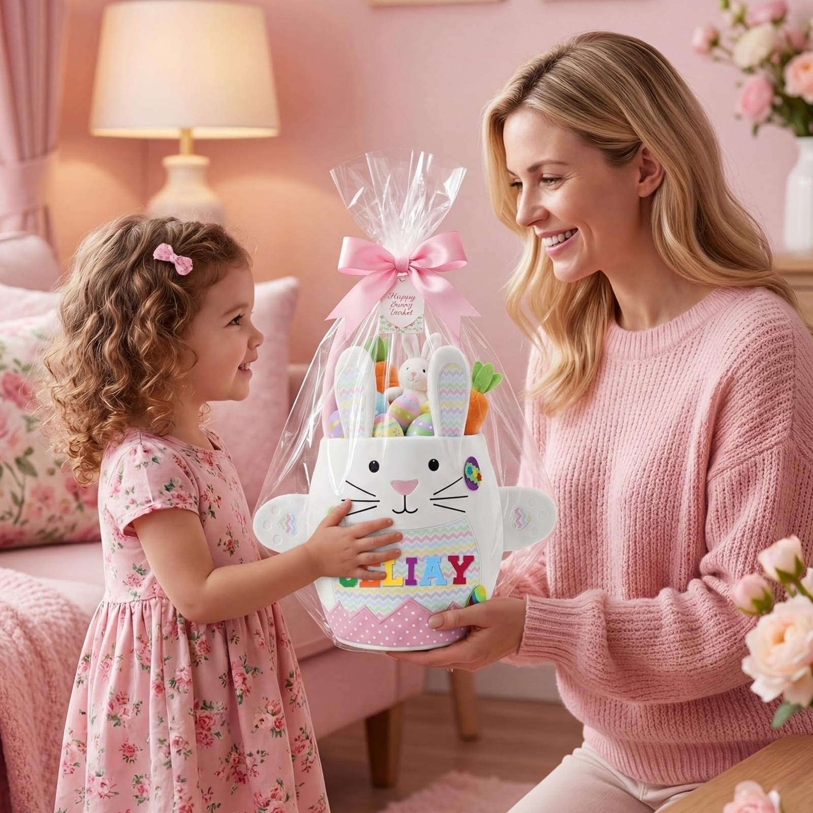 Easter Baskets for -Pink Cute Easter Bunny Baskets with Felt Letter Stickers ...