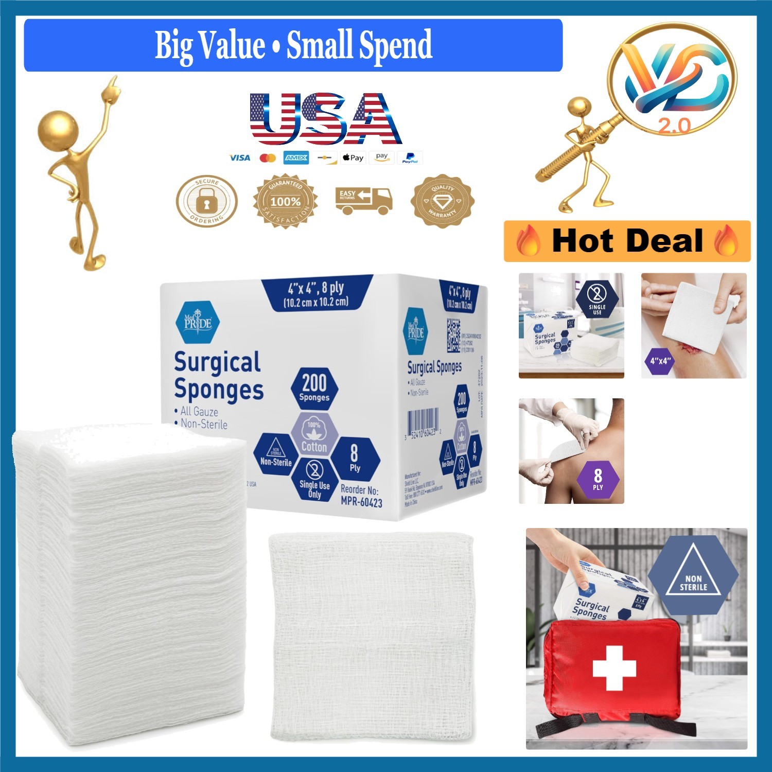 200 Pack Surgical Gauze Pads 4x4 Inches Non Sterile Cotton Wound Dressings