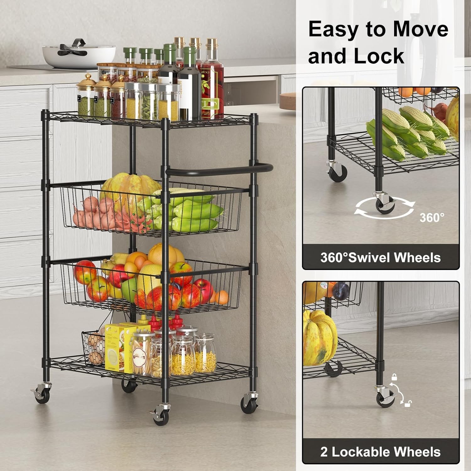 4-Tier Kitchen Cart Rolling Storage Utility Cart w/ Handle & 2 Removable Baskets