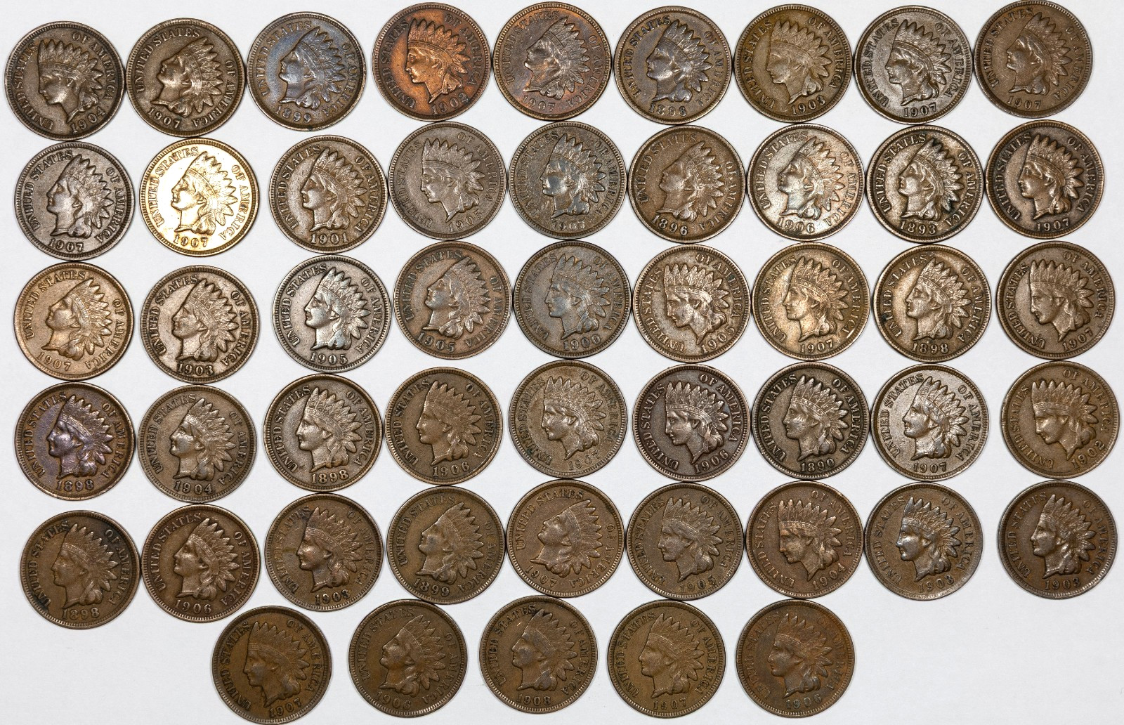1890-1908 Indian Head Penny Roll of 50 Coins EXTREMELY FINE XF