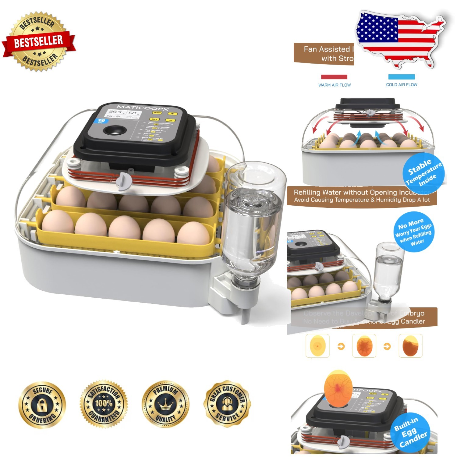 Automatic 20 Egg Incubator with Candler, Stable Temp, External Water Refill
