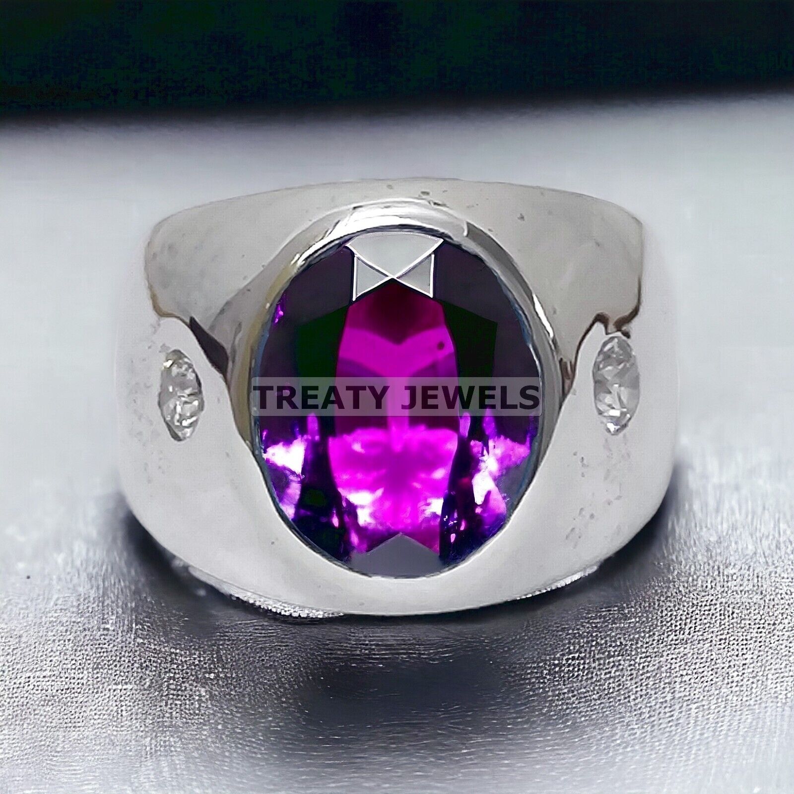 Ruby Oval Cut Gemstone With 14K Solid White Gold Ring For Men's #A21