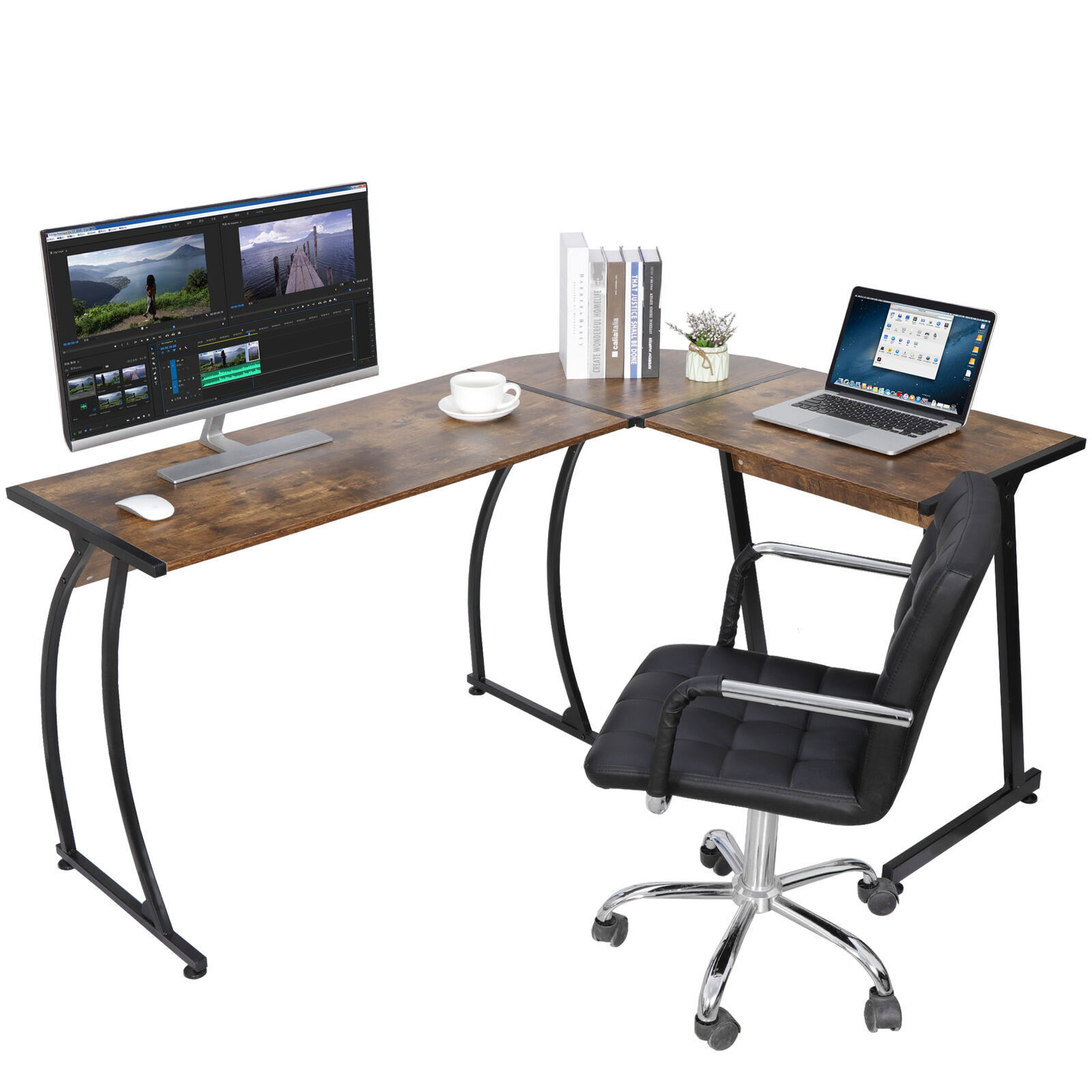 L-Shaped Computer Desk Corner Desk Laptop Study Writing Table Sturdy Brown