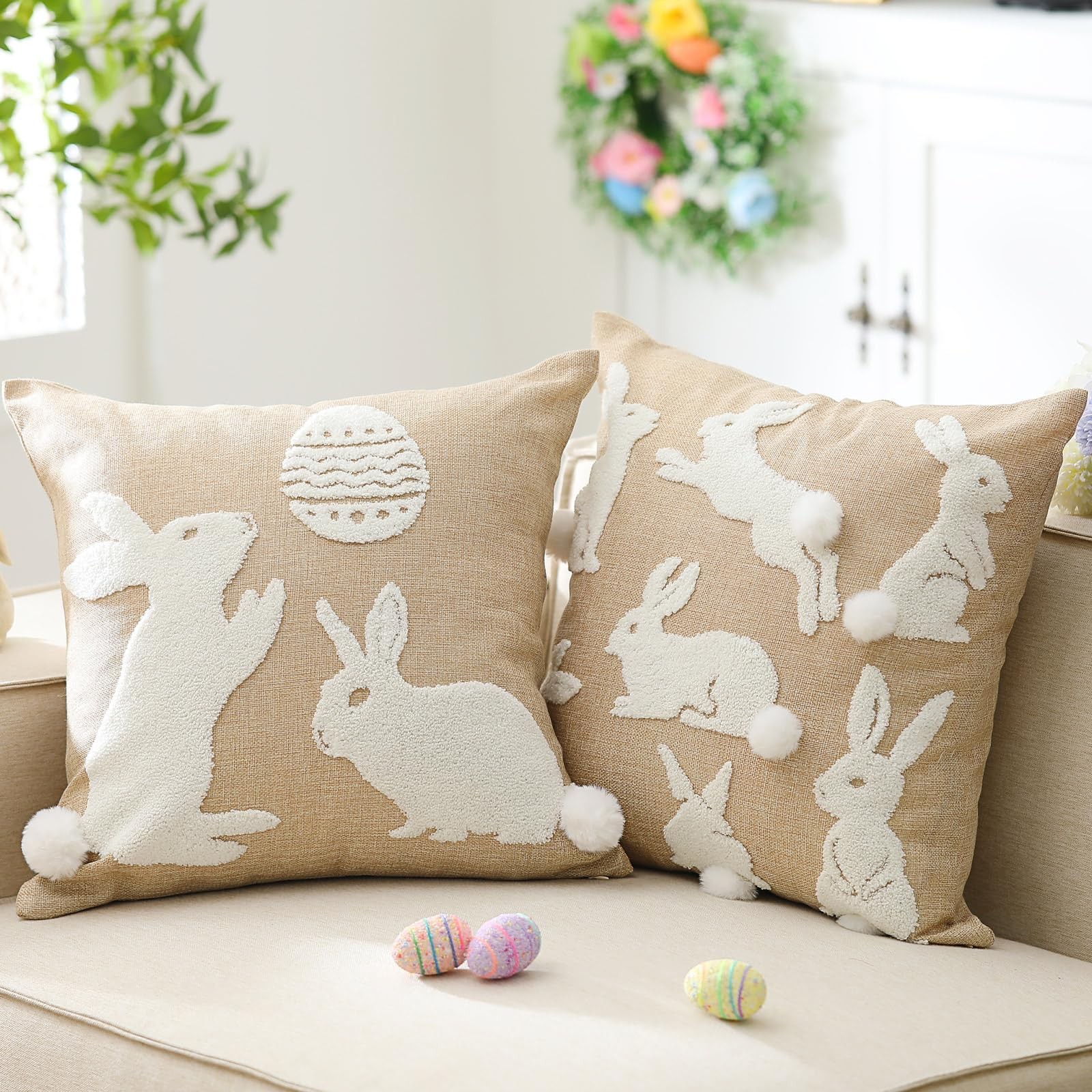 Easter Throw Pillow Covers 18 x 18 Inch Set of 2 Neutral Embroidered Bunny Rabb