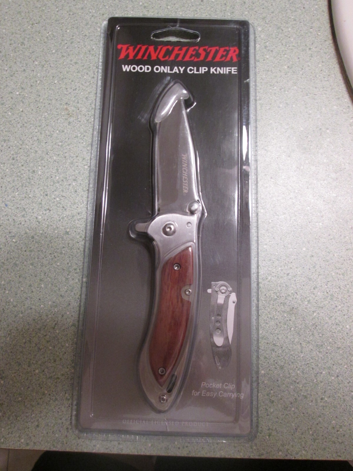 Winchester Stainless Steel Wood Onlay Clip Knife Folding Brown Silver Brand New